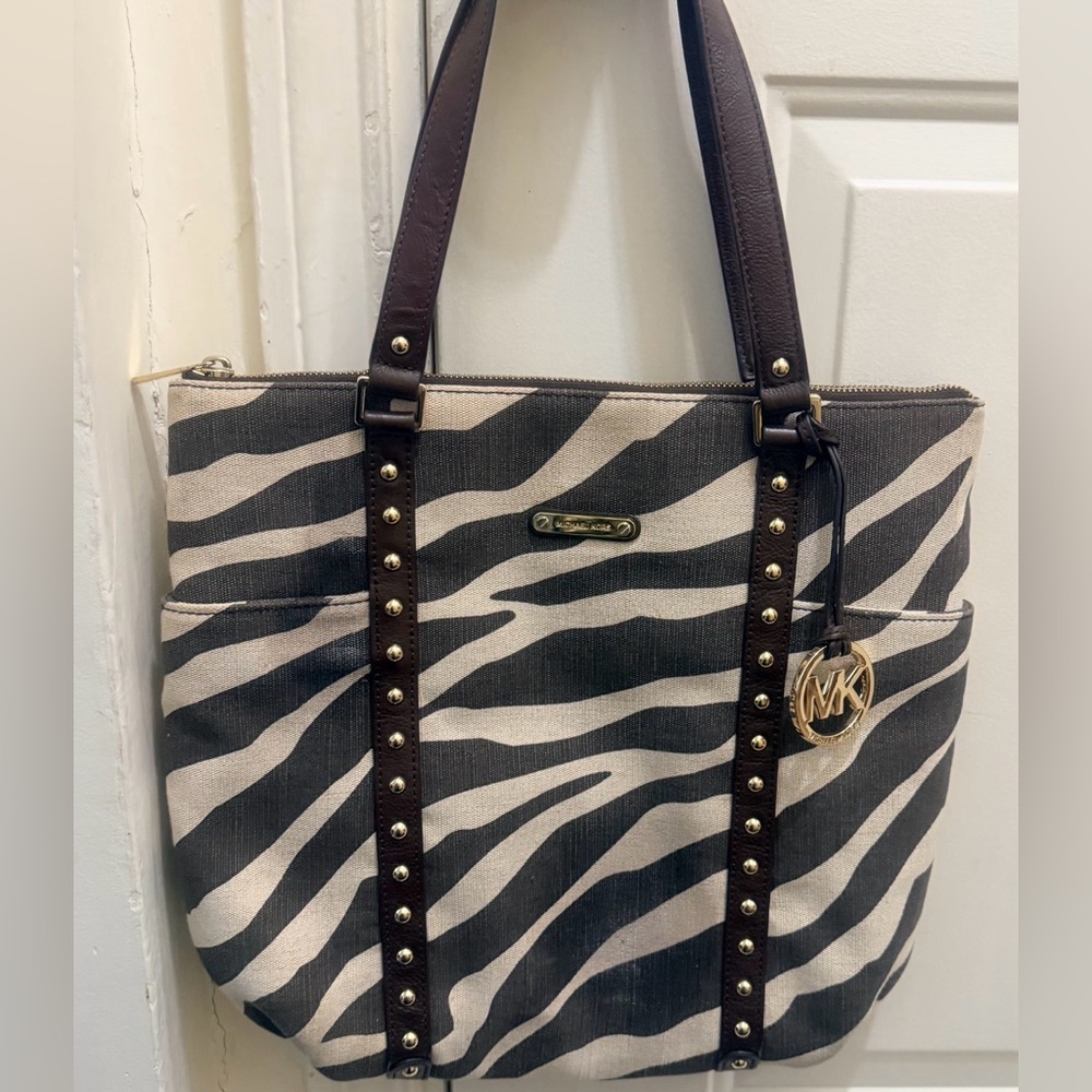 Michael Kors Studded Zebra Print Tote Bag With Brown Leather Trim 2014”